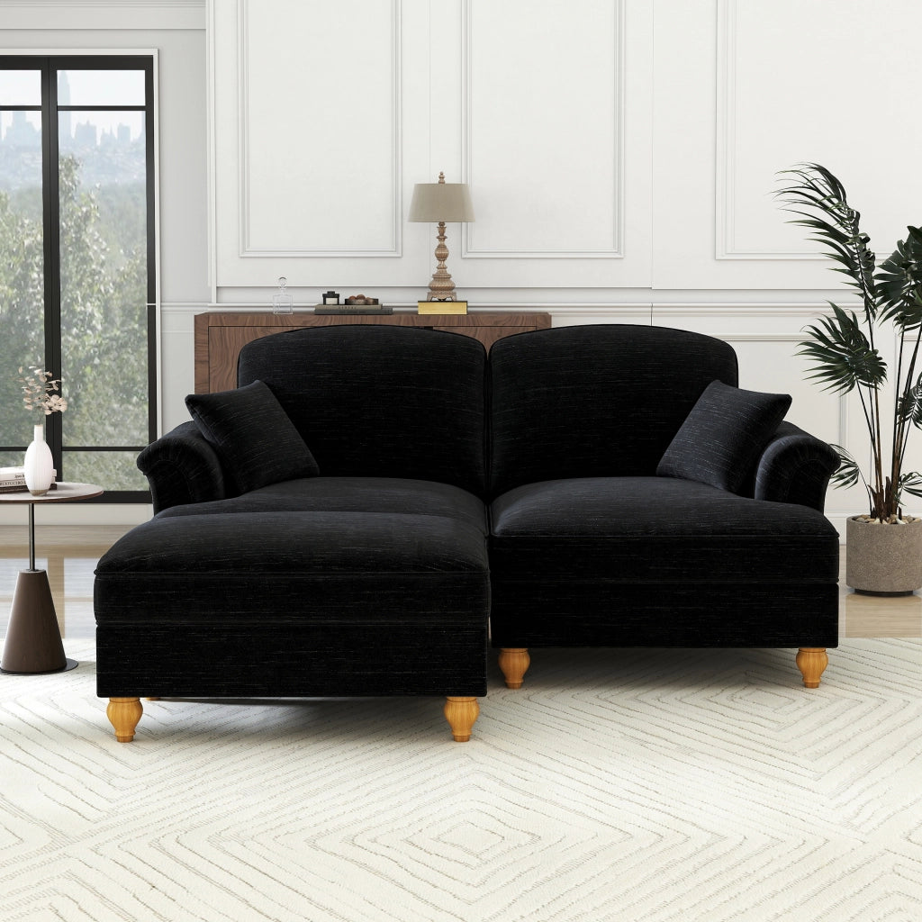 Divano Modulare 2 Posti con Poggiapiedi ¨C MINIMAL ¨C Chenille Nero, Gambe a Fuso, Braccioli