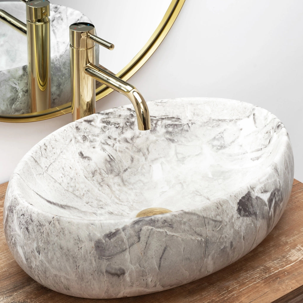 Set Lavabo Da Appoggio Linda Stone + Rubinetto Da Bagno Lungo Gold + Tappo Gold