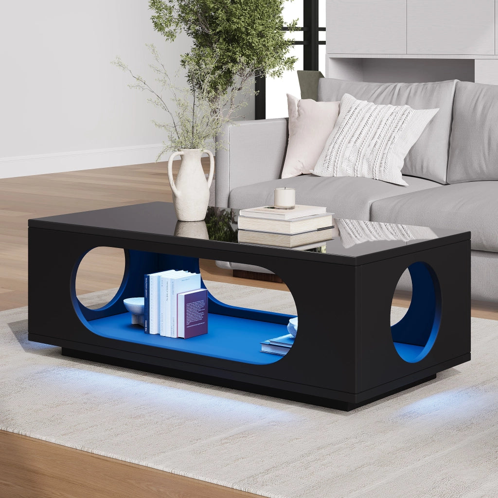 Tavolino lucido, illuminazione a LED, 100 x 50 x 35 cm, in MDF, con design traforato, nero