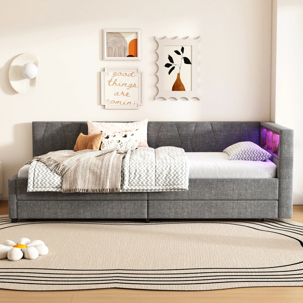 Divano letto 90x200 cm con LED; USB e Type C; in lino e MDF grigio (Senza materasso)