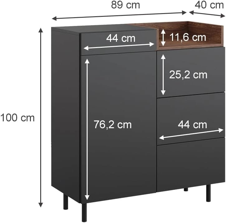 Cassettiera per camera da letto Anika, Antracite, 40 x 100 cm, per l'utilizzo come tavolino laterale con vano portaoggetti aperto