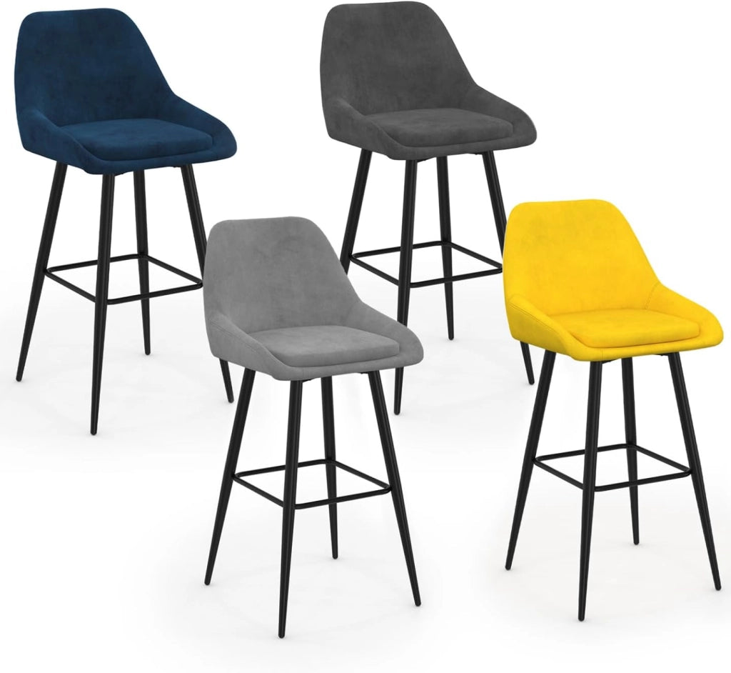 Set di 4 sgabelli da bar THALYA in velluto misto blu, grigio chiaro, grigio scuro, giallo