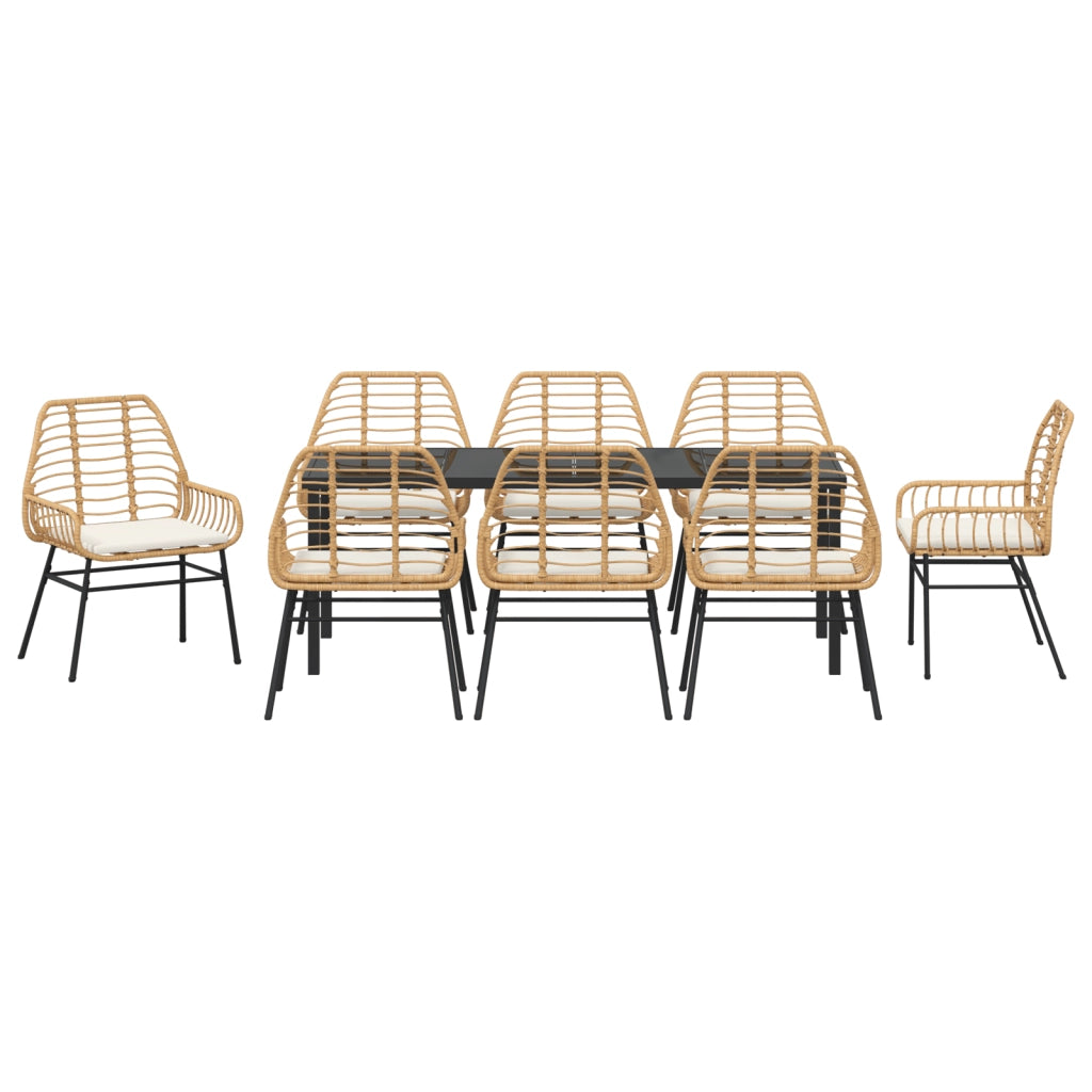 Set da pranzo da giardino 9 pezzi con cuscini marroni in polyrattan