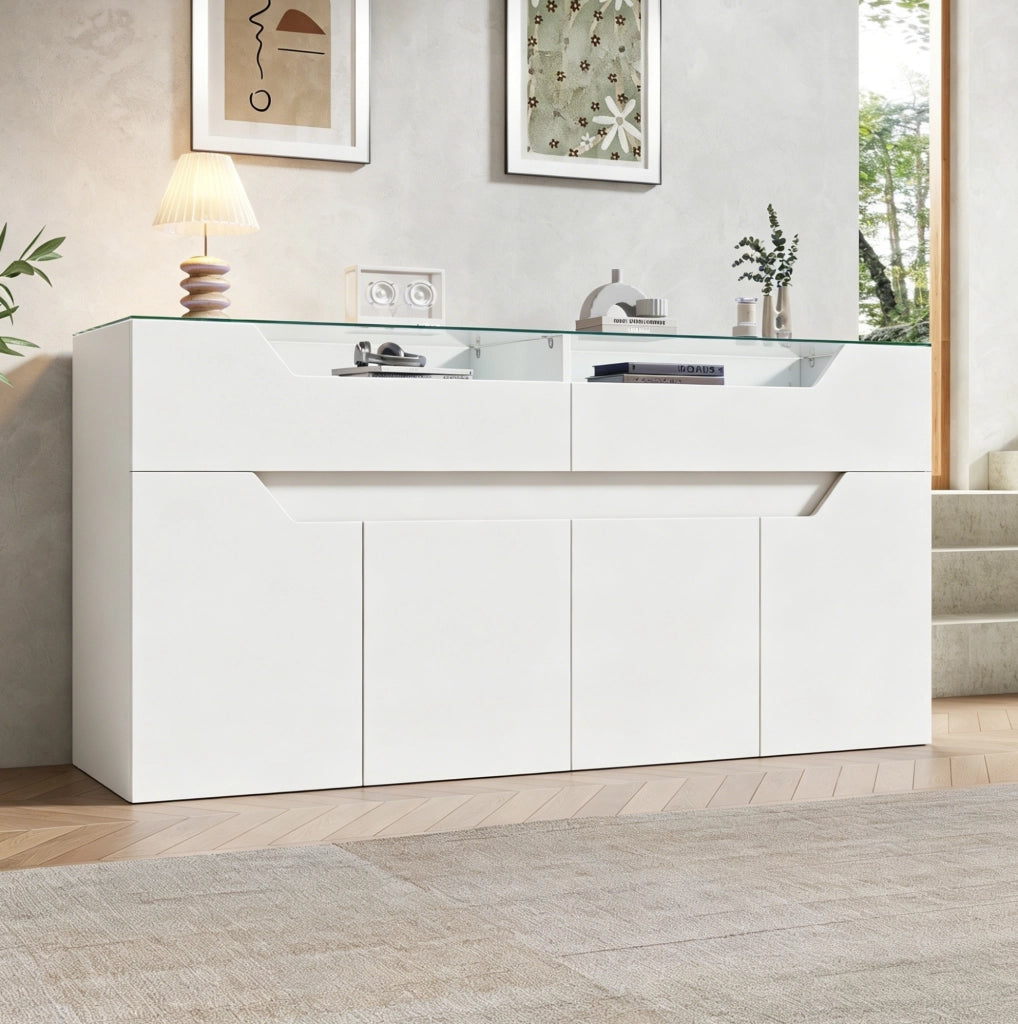 Credenza 140x40x70 cm in MDF bianco con piano in vetro temperato， 2 cassetti e LED