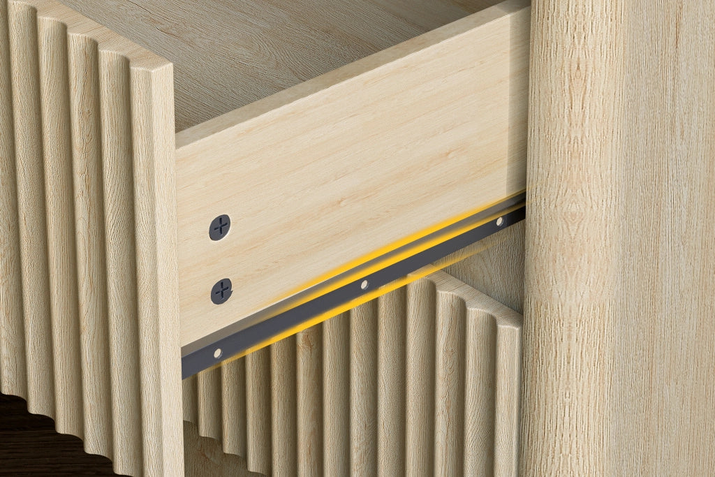 Comodino con 3 cassetti e guide ammortizzate pannelli scanalati MDF rovere camera da letto 58 × 38 × 64 cm