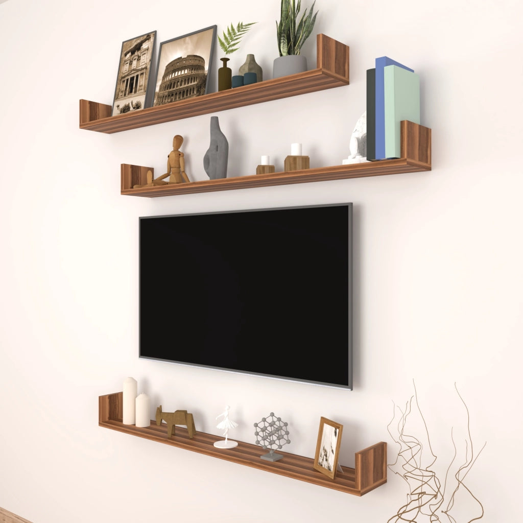 Set 'Höganäs' 3 Mensole da Muro - Consolli Pensili con Piano d'Appoggio a Forma di U - Largo 120 cm - Effetto Noce [en.casa]