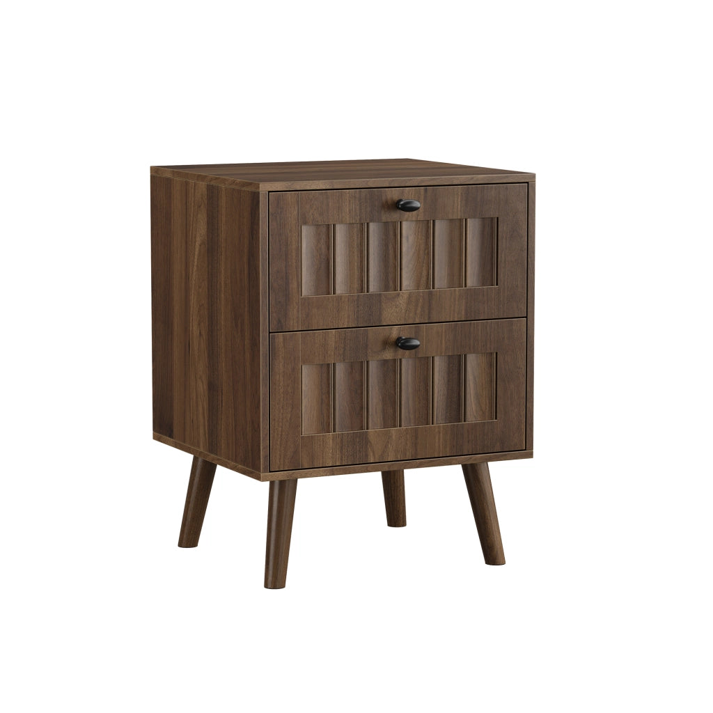 Comodino con 2 cassetti e guide silenziose, design retro con pannelli scanalati, per camera da letto, noce