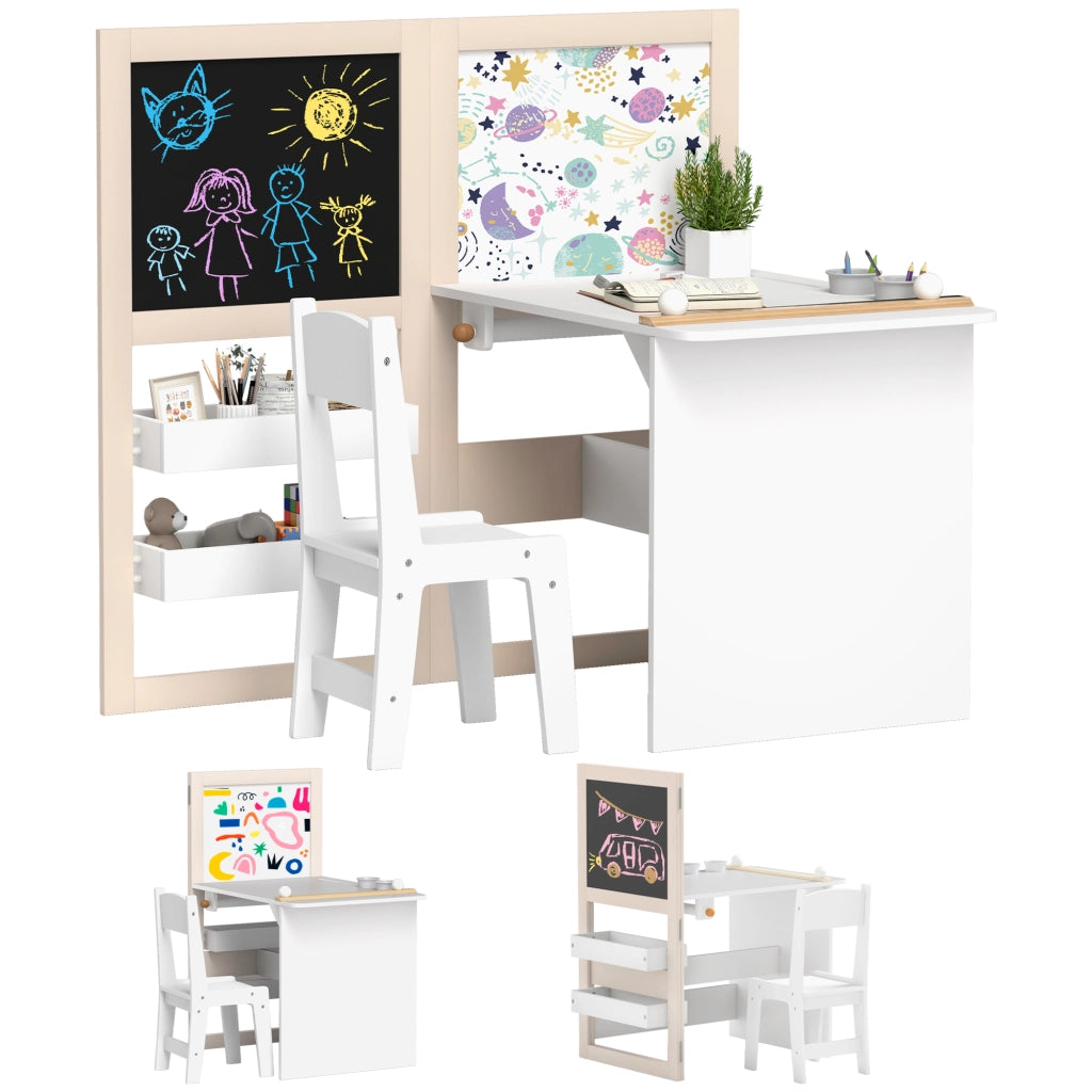 Tavolo da gioco per bambini con sedia e cavalletto pieghevole ¨C zephmum ¨C bianco