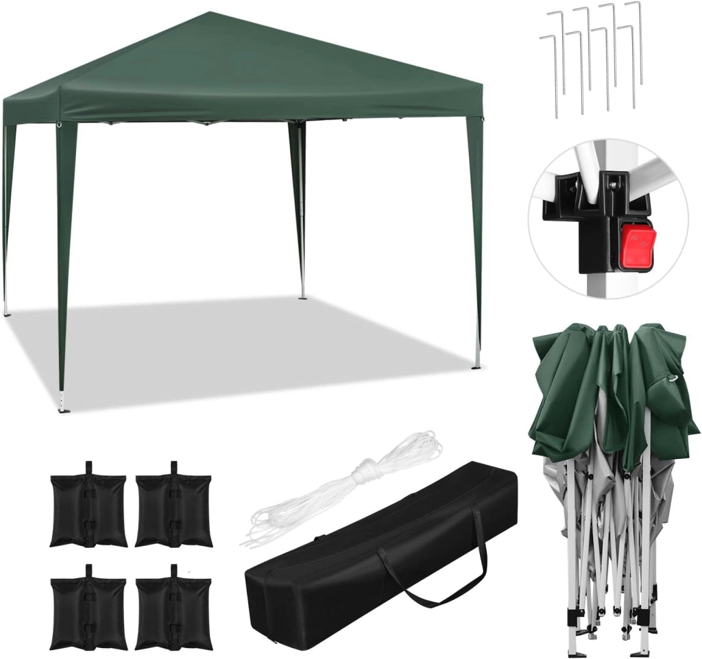 Gazebo da Giardino Richiudibile 3x3m Gazebo da Esterno in Ferro Regolabile in Altezza Tendone Pieghevole con Set di 4 Sacchi di Sabbia, Facile da Montare Verde