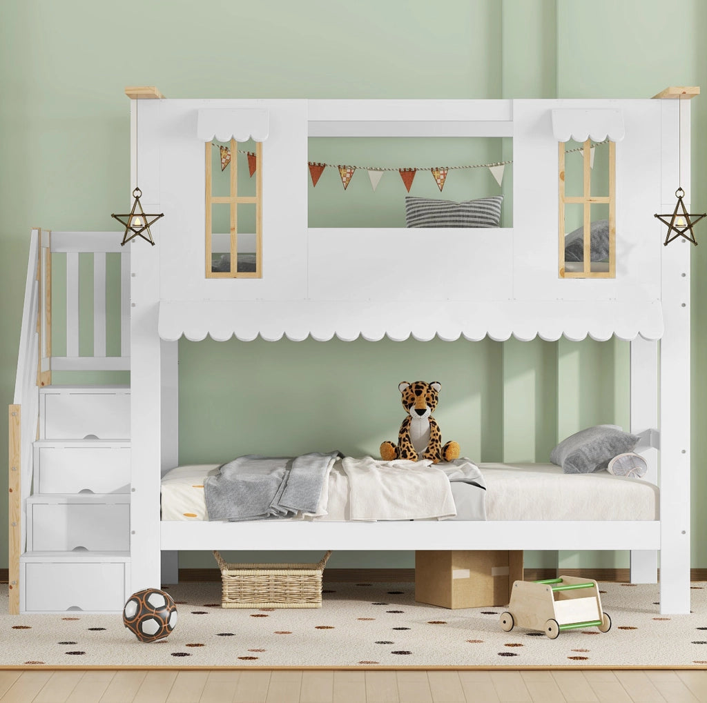 Letto a castello per bambini 90x200 cm con scala contenitore e design a casetta
