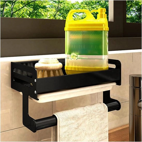 Organizzatore per vasca da bagno per cucina, bagno, lavabo, organizzatore, con vaschetta di scarico per bagno, piani di lavoro, deposito, organizzatore da parete in metallo per cucina e bagno