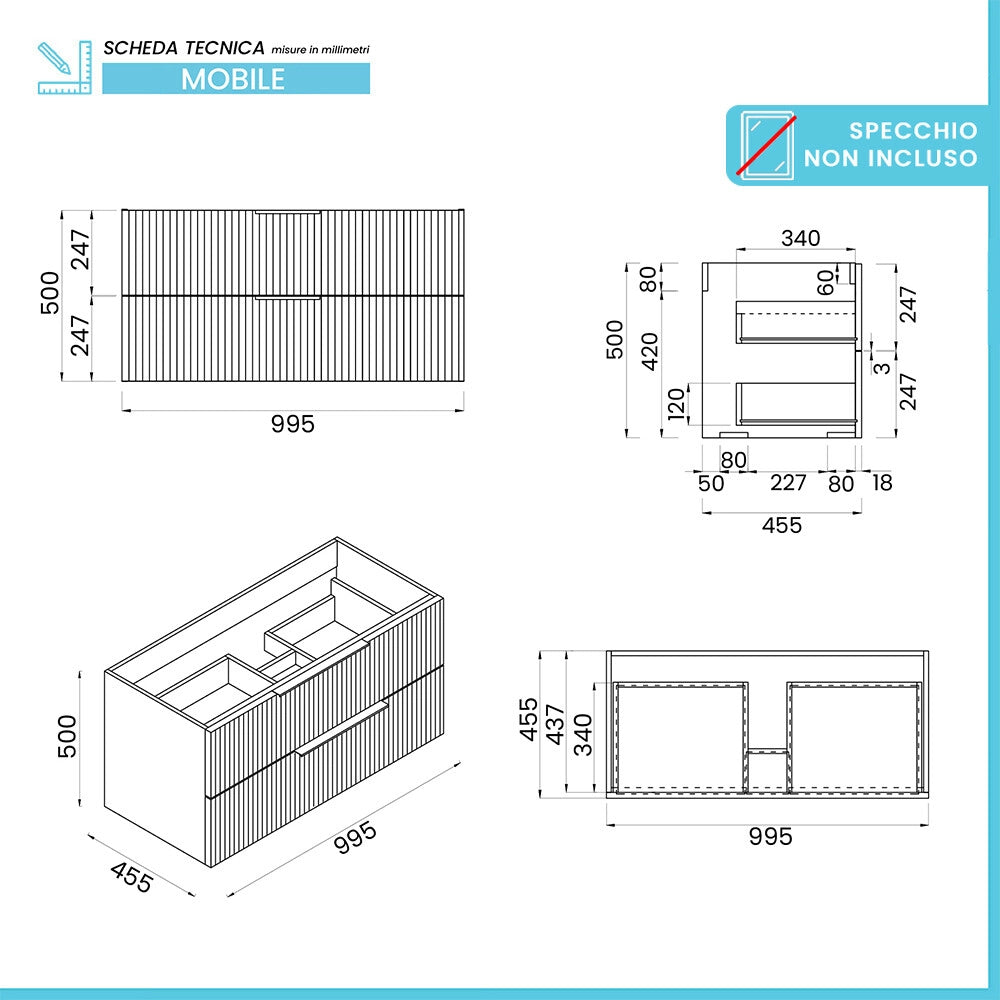 Mobile bagno sospeso 100 cm grigio cannettato con lavabo e specchio tondo Zena