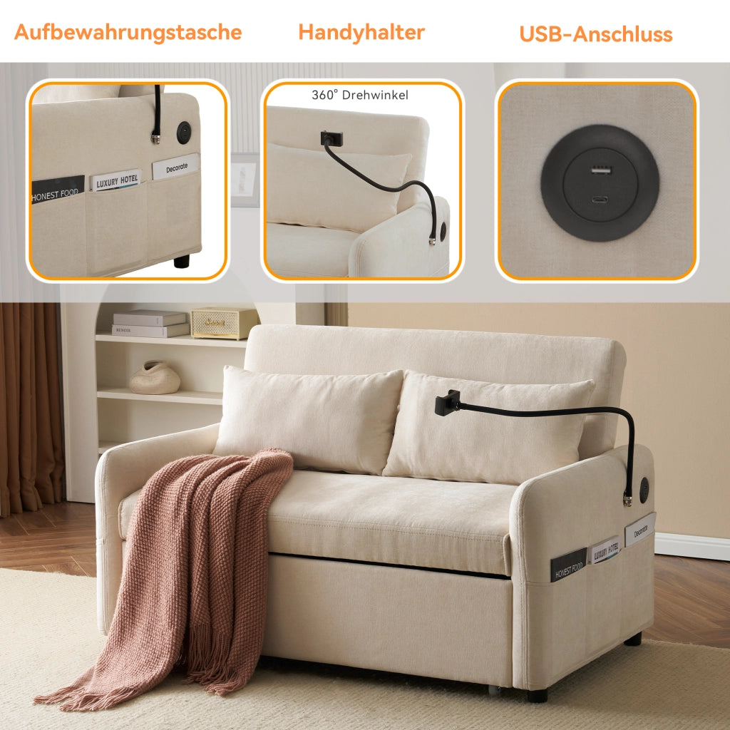 Divano Letto Estraibile 2 Posti con Schienale Reclinabile 3 Posizioni; USB; Supporto Telefono e Tasche Laterali in Ciniglia Beige
