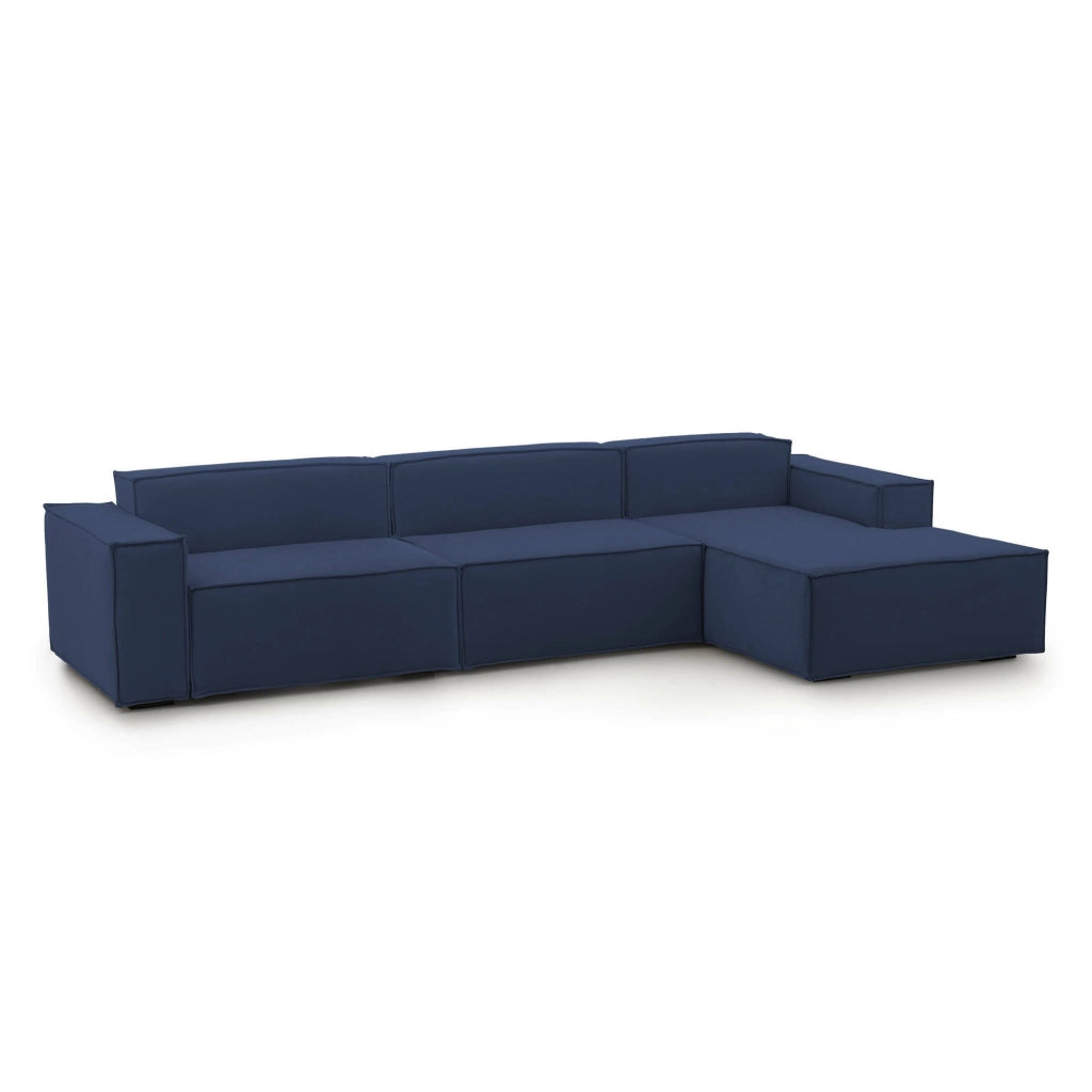 Divano fisso Asvaldo, Divano componibile a 4 posti con penisola destra, Made in Italy, SofÒ  moderno in tessuto, Cm 340x170h70, Blu