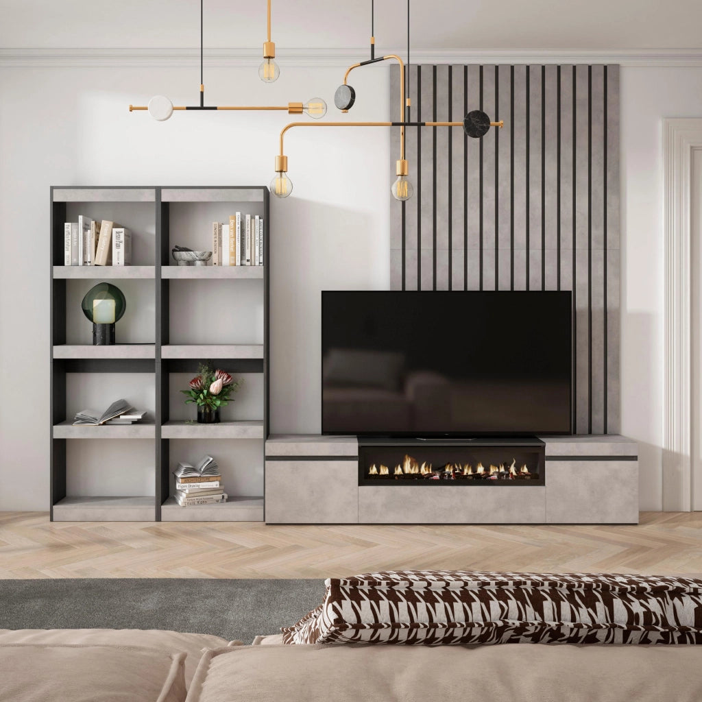 Mobile TV, Soggiorno, 320x35x186cm, Per TV fino a 80", Camino elettrico, grigio cemento RF3150