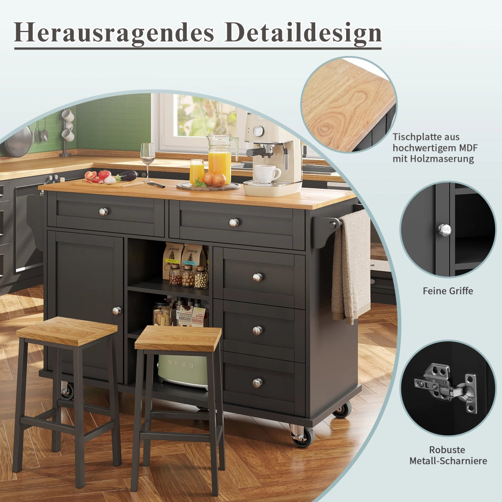 OKWISH Carrello da cucina con 5 cassetti, 1 armadietto, 2 vani, ripiano regolabile e ruote, per cucina, 134×46×92 cm