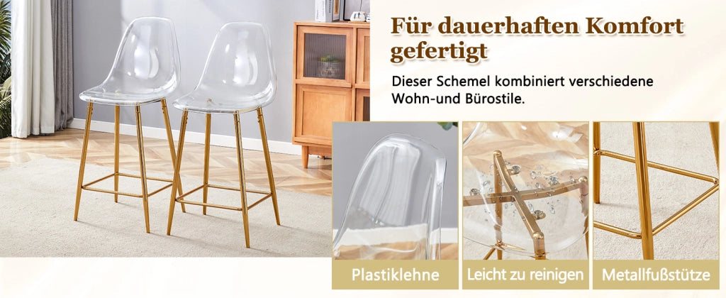 Sgabello da bar trasparente con struttura in metallo, design moderno per cucina, isola o sala da pranzo, colore oro