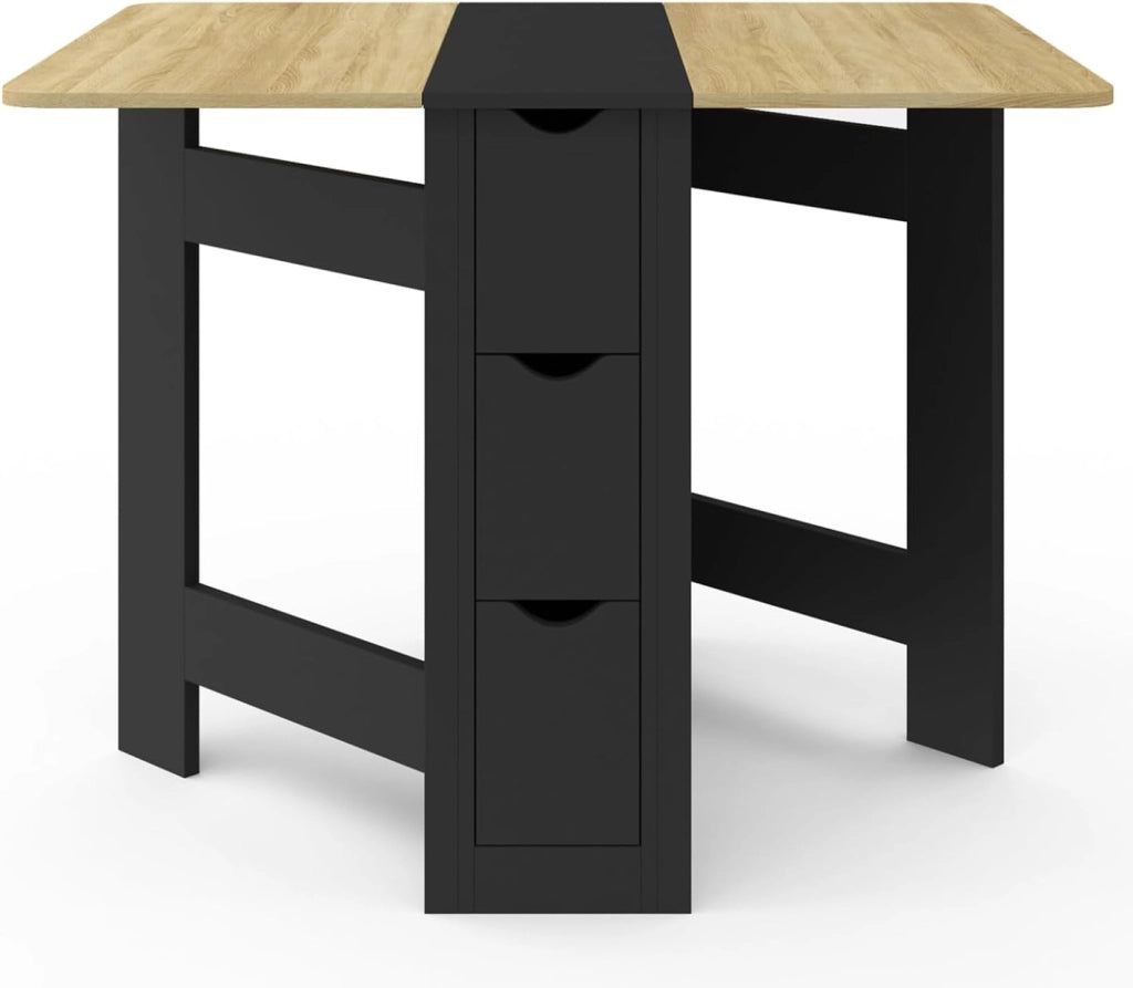 EDI Consolle pieghevole per 2-4 persone con 3 cassetti neri, piano effetto faggio 103 x 76 cm