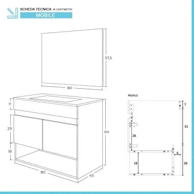 Mobile bagno sospeso 80 cm 2 ante serie Oasi rovere con specchio e pensile
