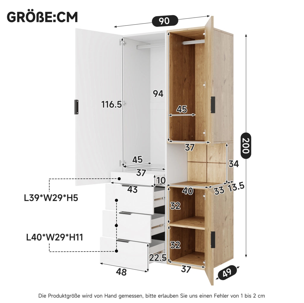 Armadio 90x49x200 cm con LED, 4 cassetti e 2 barre appendiabiti in MDF