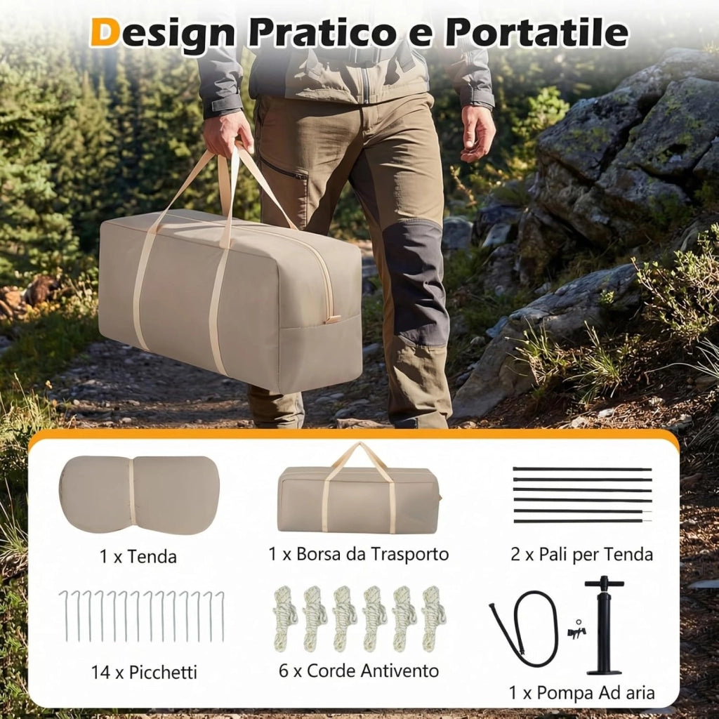 Tenda da Campeggio Gonfiabile per 4-6 Persone, Tenda Portatile da Esterno con Pompa, Porte e Finestre in Rete, Picchetti, Cordini Antivento e Borsa per il Trasporto per Viaggi e Escursionismo