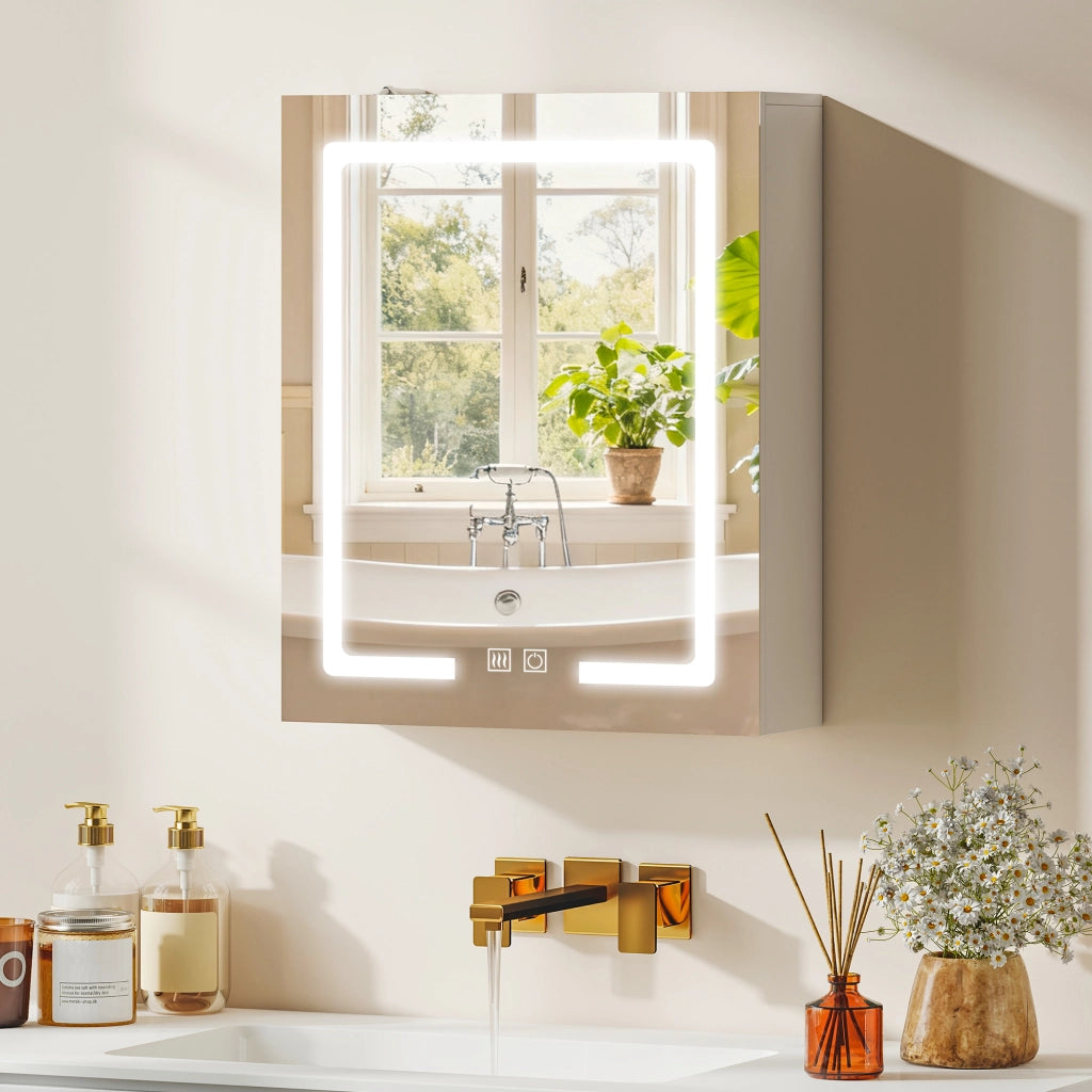 Armadietto Bagno con Specchio 50x15x60 cm Luce LED Regolabile e Sistema Antiappannamento in MDF Bianco