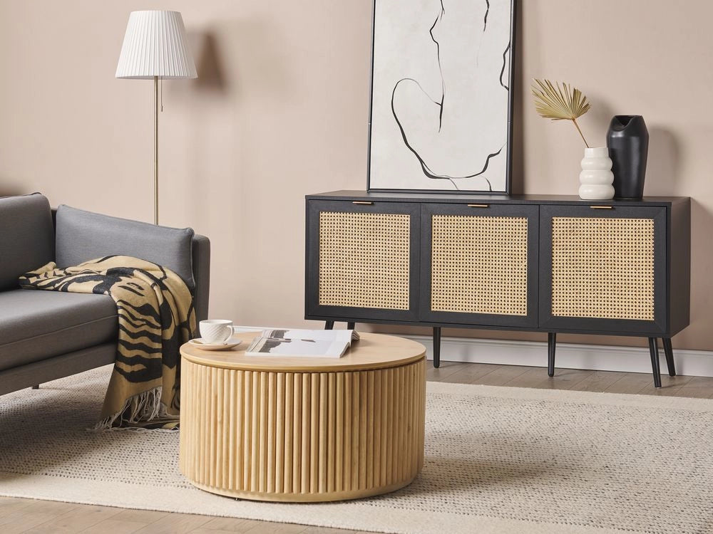 Credenza a 3 ante in legno di manifattura nero con frontale in rattan Gambe in legno di gomma nero Soggiorno in stile Boho
