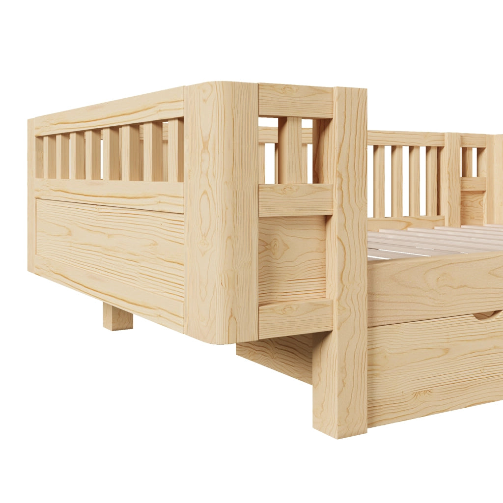 Letto a piattaforma con spondale di sicurezza e due cassetti, in legno, colore legno, per cameretta, 90 × 200 cm