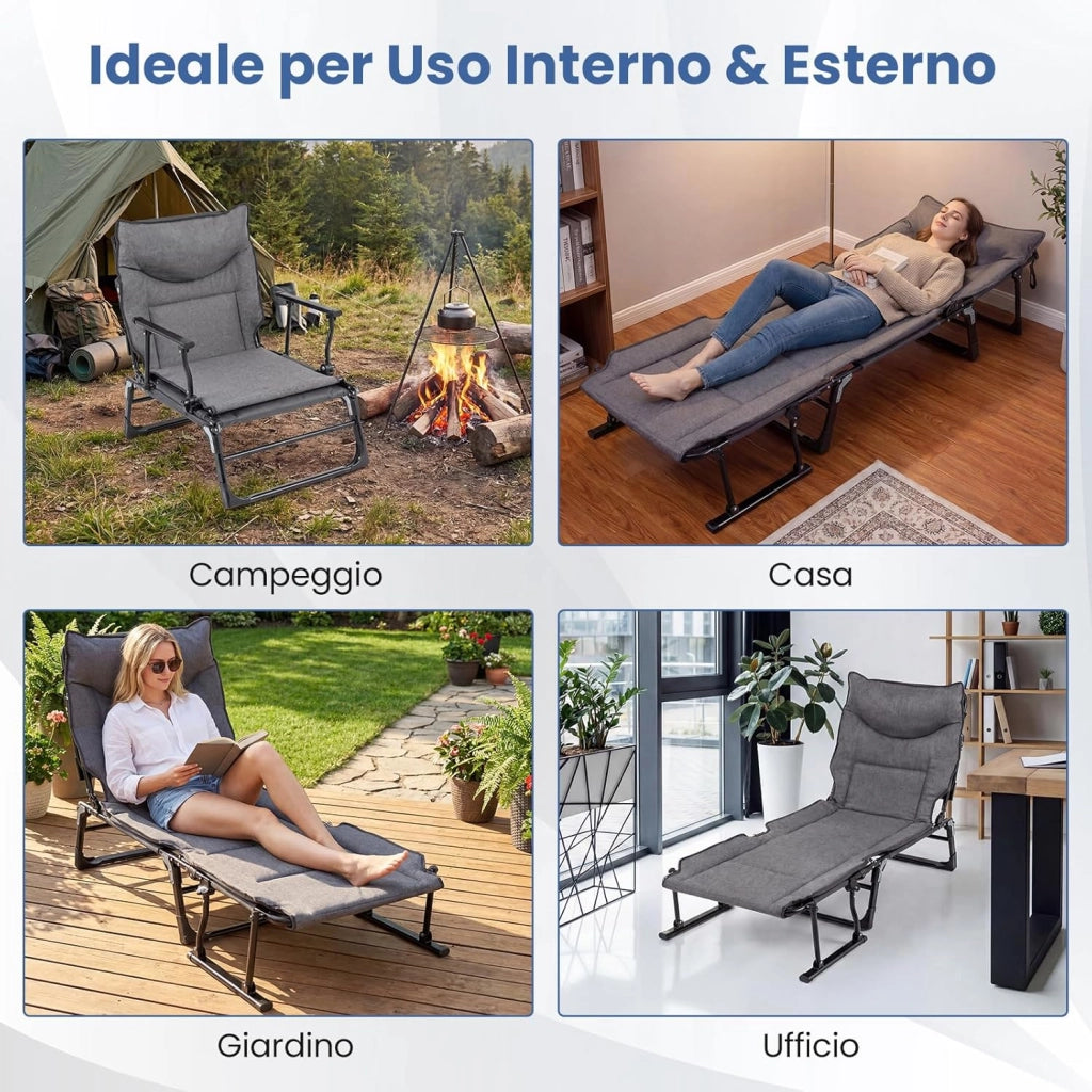 Sedia a Sdraio Pieghevole, con Schienale Reclinabile 6 Posizioni, Poggiatesta, Lettino Prendisole con Struttura in Metallo per Giardino, Cortile e Bordo Piscina