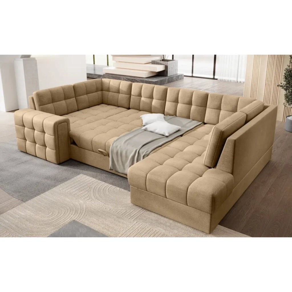 Divano angolare convertibile MONTEZA marrone chiaro 299 cm con contenitore e letto
