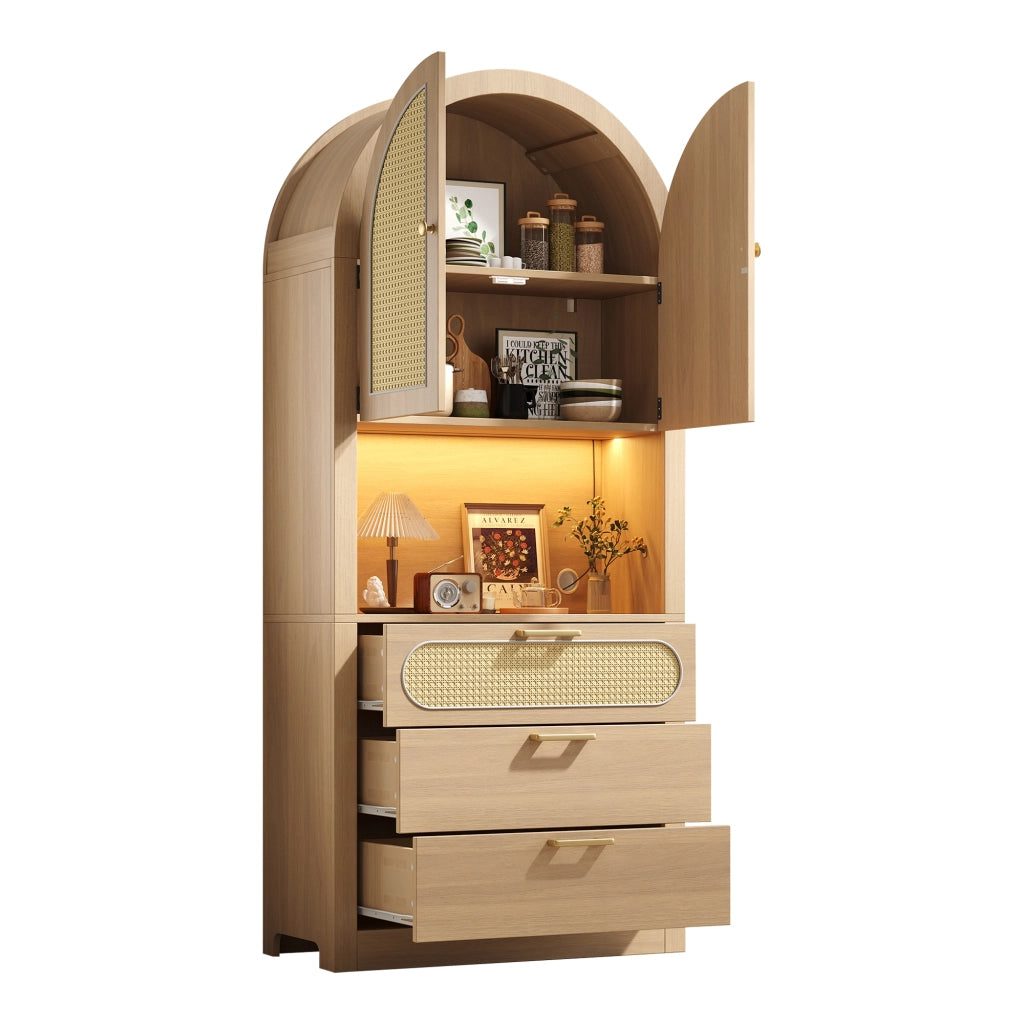 Credenza con 2 ripiani, 1 vano espositivo, 3 cassetti e LED, per soggiorno, in MDF, rovere chiaro, 80 × 35 × 180 cm