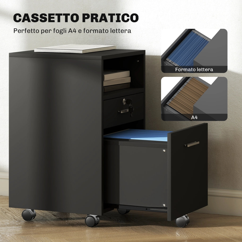 Cassettiera da Ufficio Portadocumenti in Legno con 2 Cassetti e Ripiano Aperto, 39x40x65 cm, Nero