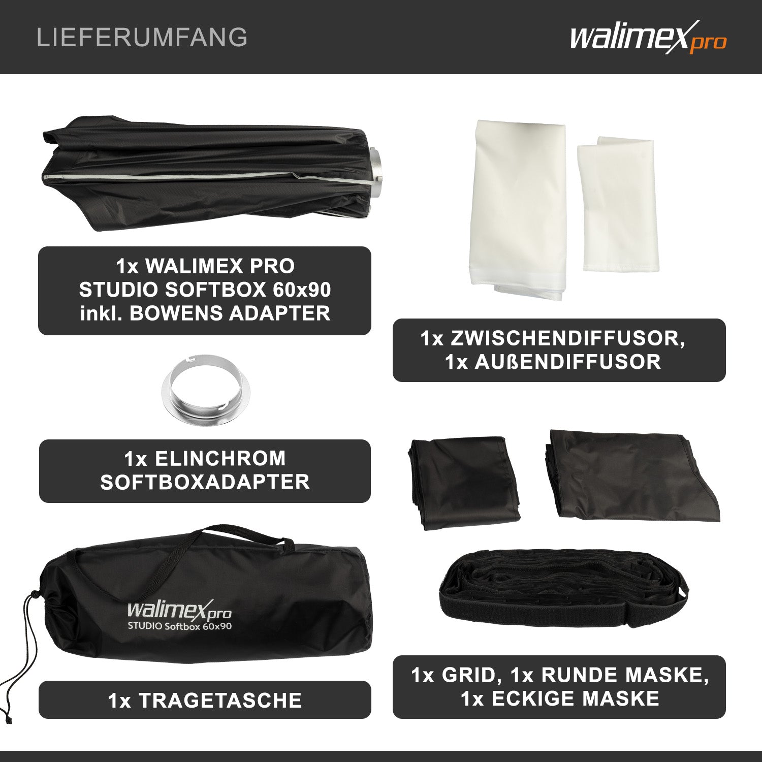 Studio Softbox 60x90cm + adattatore softbox per Elinchrom (diametro esterno: 15,2 cm), semplice da montare grazie alla funzione ombrello, include griglia, maschere, adattatore Bowens