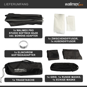 Studio Softbox 60x90cm + adattatore softbox per Elinchrom (diametro esterno: 15,2 cm), semplice da montare grazie alla funzione ombrello, include griglia, maschere, adattatore Bowens