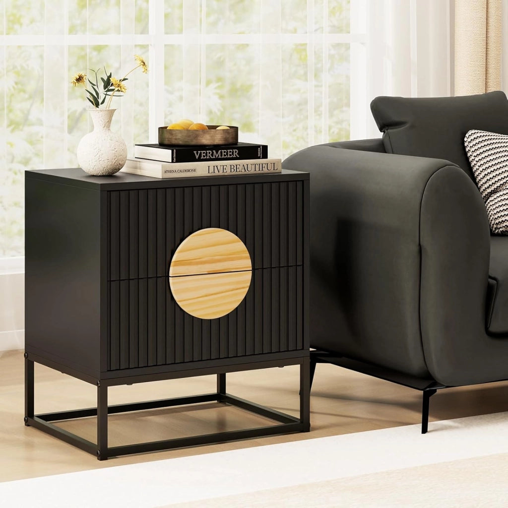 Comodino, tavolino con 2 cassetti, comodino in legno, comodino con telaio in metallo, console da notte, moderna, con vano portaoggetti, per soggiorno, camera da letto, 48 x 40 x 55 cm
