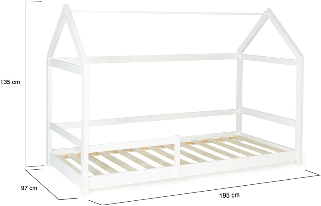 Letto a capanna per bambini NESSI 90 x 190 cm, bianco, con rete a doghe e sponde