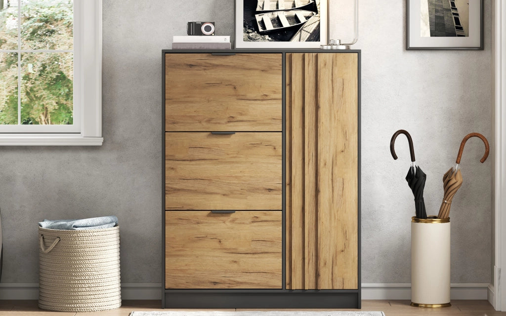 Scarpiera con 3 ante a ribalta e 1 vano con sportello, per ingresso, in MDF, naturale e nero, 100 × 30 × 130 cm