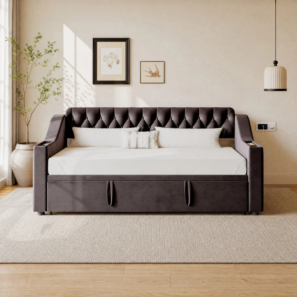 Divano letto imbottito 90x190 cm con USB; contenitori nei braccioli e rete a doghe; grigio