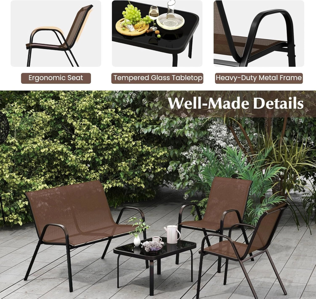 Set di mobili da giardino, 4 pezzi, per 4 persone, set di mobili da giardino, con 2 poltrone, 1 divano e 1 tavolino da caffè, mobili da esterno, per cortile, patio (marrone)