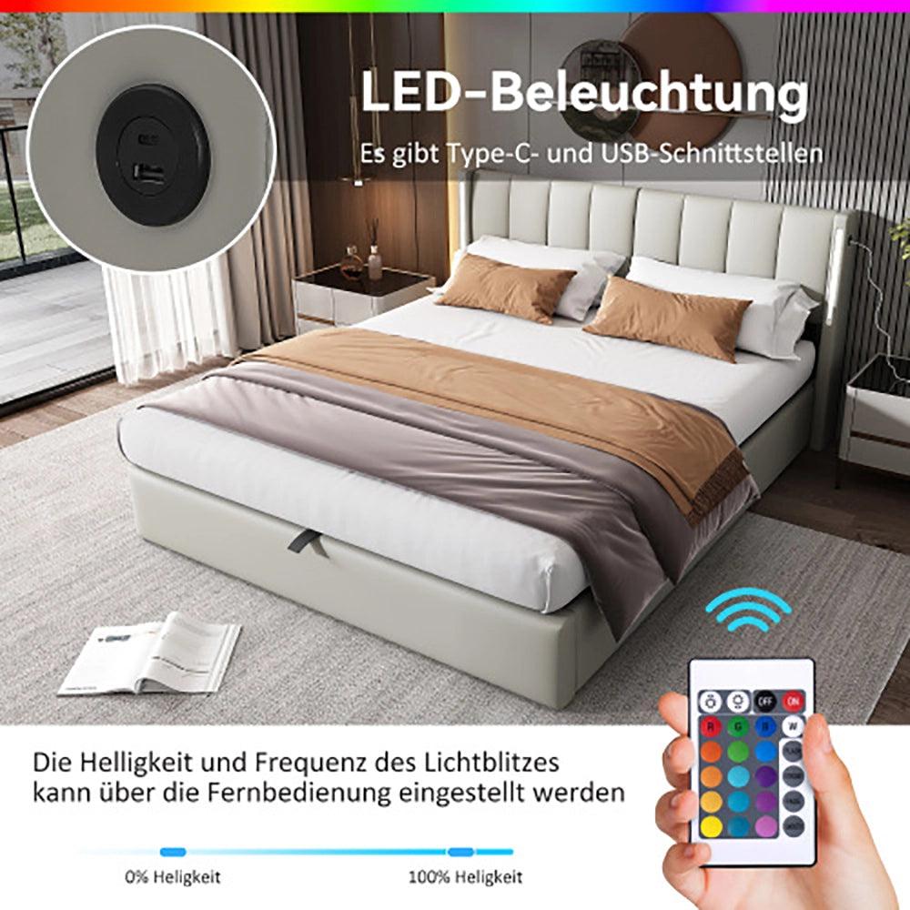 Letto imbottito LED idraulico - Xylo - 140x200 cm - Grigio - USB ricaricabile, testiera regolabile