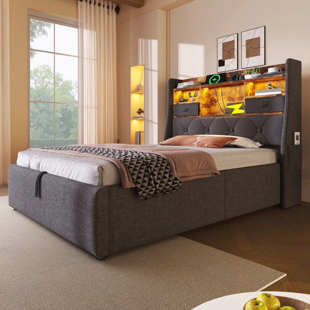Letto imbottito 90x200 cm in lino grigio con contenitore idraulico; testiera LED e porte USB