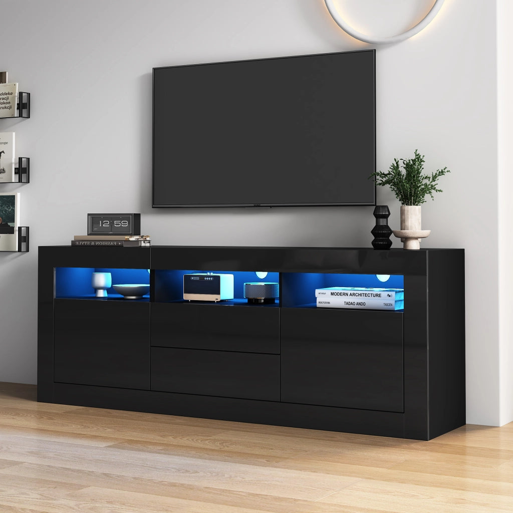 Mobile TV con 2 Ante; 2 Cassetti e 3 Vani Aperti e LED; Nero Lucido; Soggiorno; 160¡Á35¡Á60 cm; in Truciolare