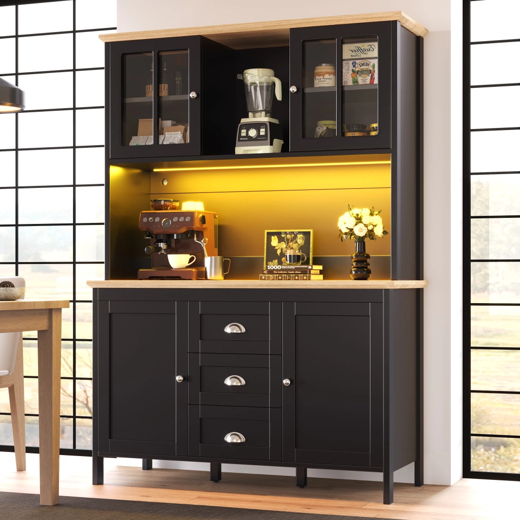 Credenza Alta da Cucina con 4 Ante; 3 Cassetti; 1 Vano Aperto e LED USB; in MDF e Metallo; 120 x 40 x 179 cm; Nero