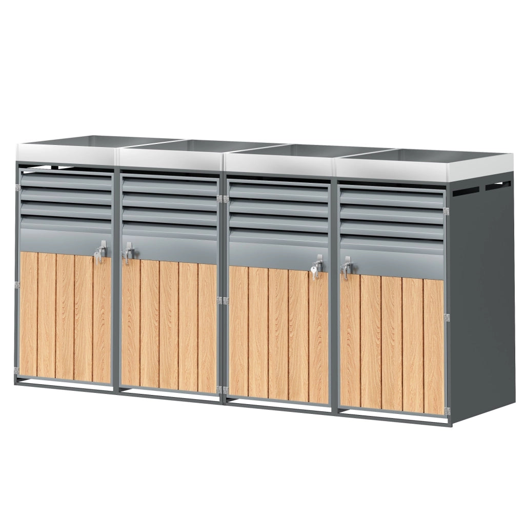 Mülltonnenschrank con fioriera integrata; 4 scomparti; acciaio zincato grigio e effetto legno