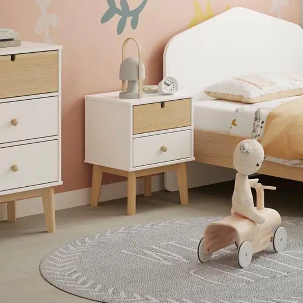 Comodino Estefania in legno con 2 cassetti bianco e pino – stile nordico essenziale