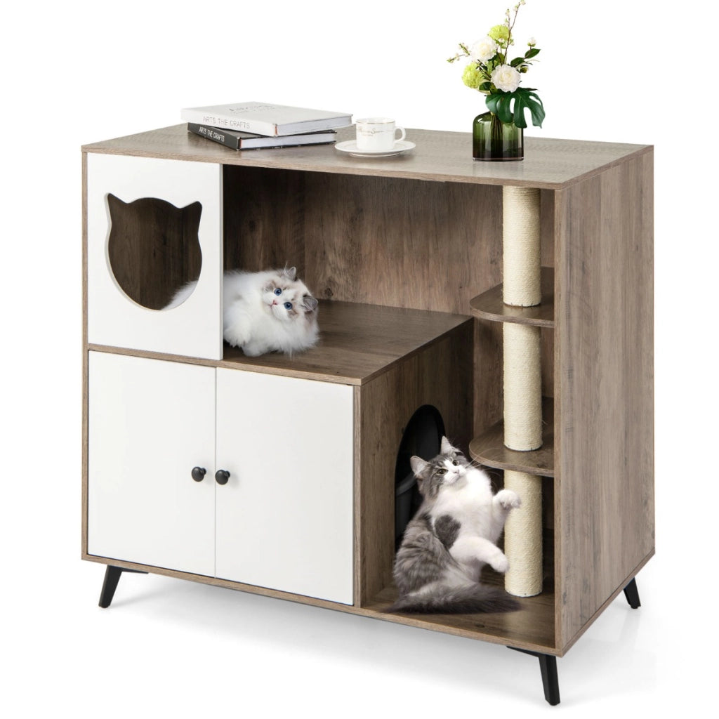 Mobile per lettiera per gatti con 3 pali in sisal per grattare 5 gambe di supporto, Mobile per lettiera 5 in 1 da interno Grigio-Lettini e divanetti