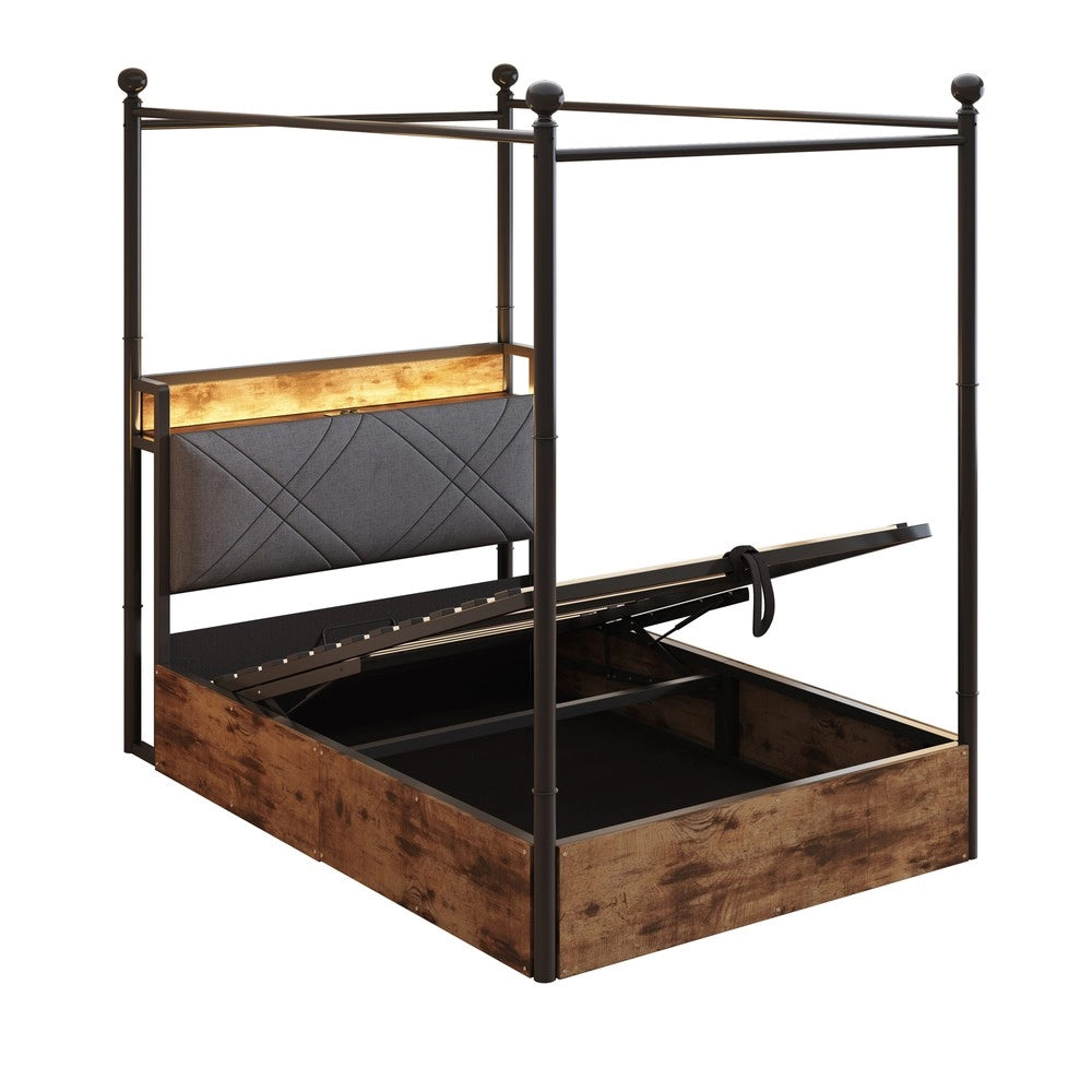 Letto Singolo in Metallo con Baldacchino e Contenitore Idraulico ¨C MINIMAL ¨C Nero, LED, 90x190