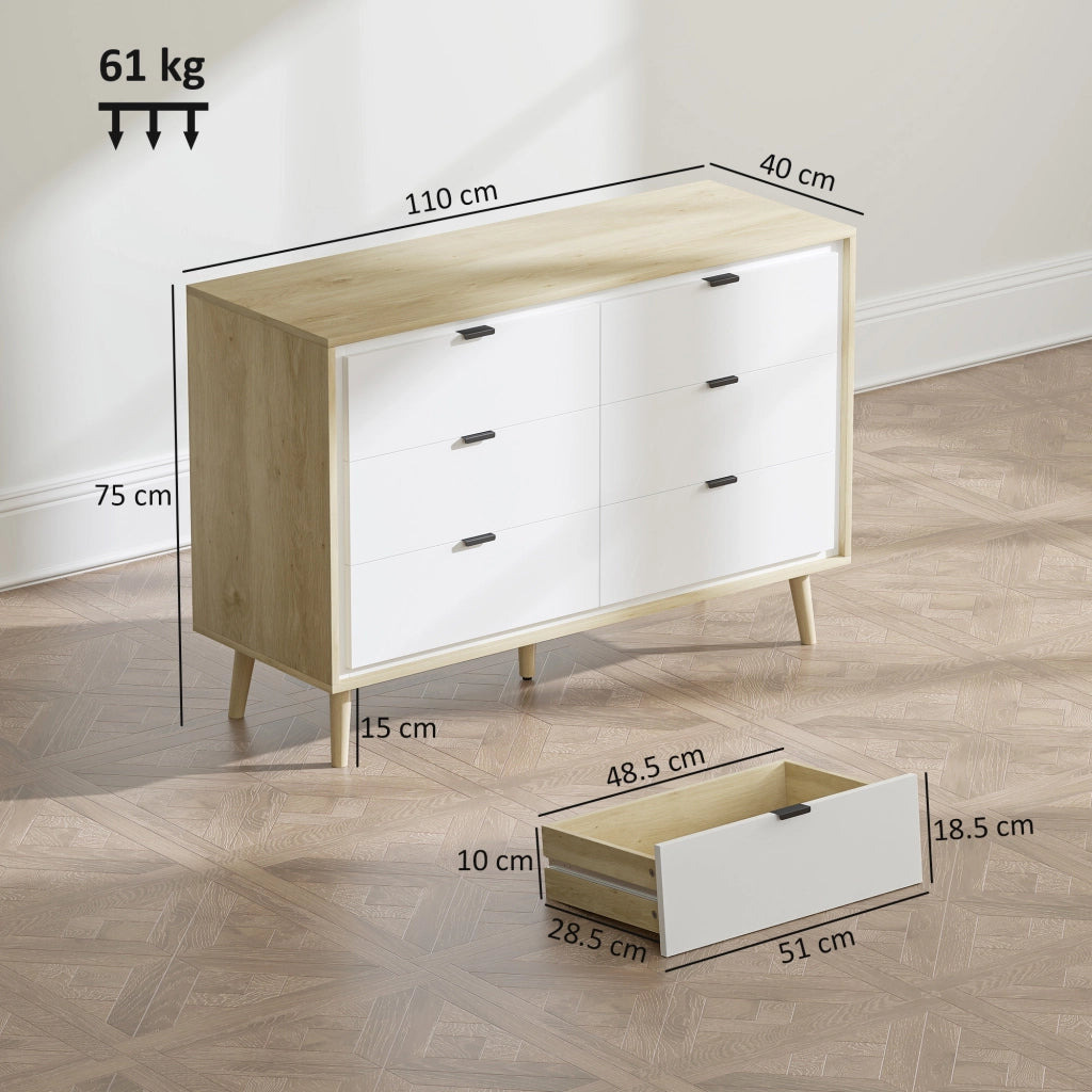 Cassettiera con 6 Cassetti in Legno per Camera da Letto. 110x40x75 cm. Bianco Lucido e Rovere