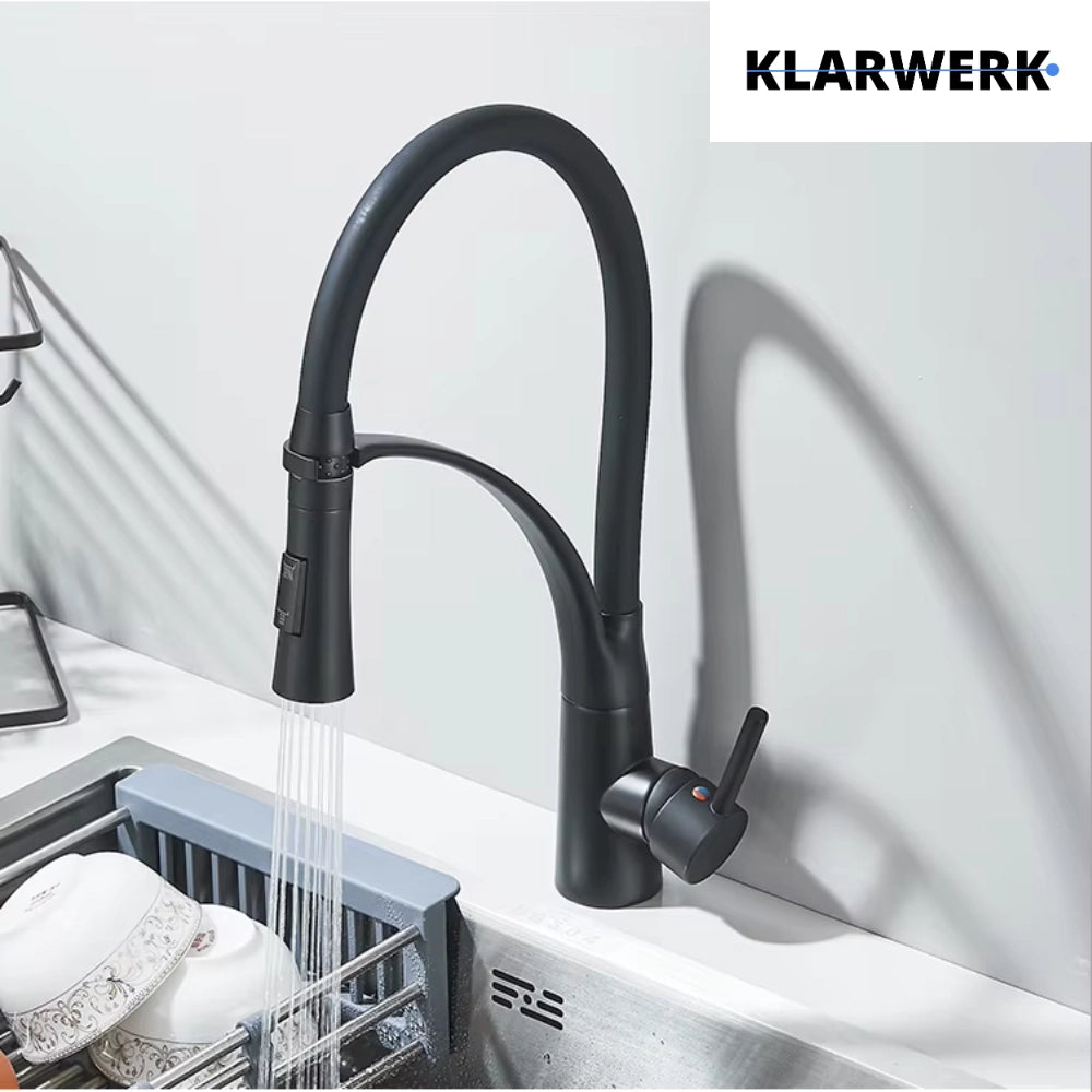 JANA | Rubinetto cucina girevole flessibile in acciaio inox nero opaco|Rubinetto miscelatore arco alto|Rubinetto alta pressione 360° 2 attacchi gastro