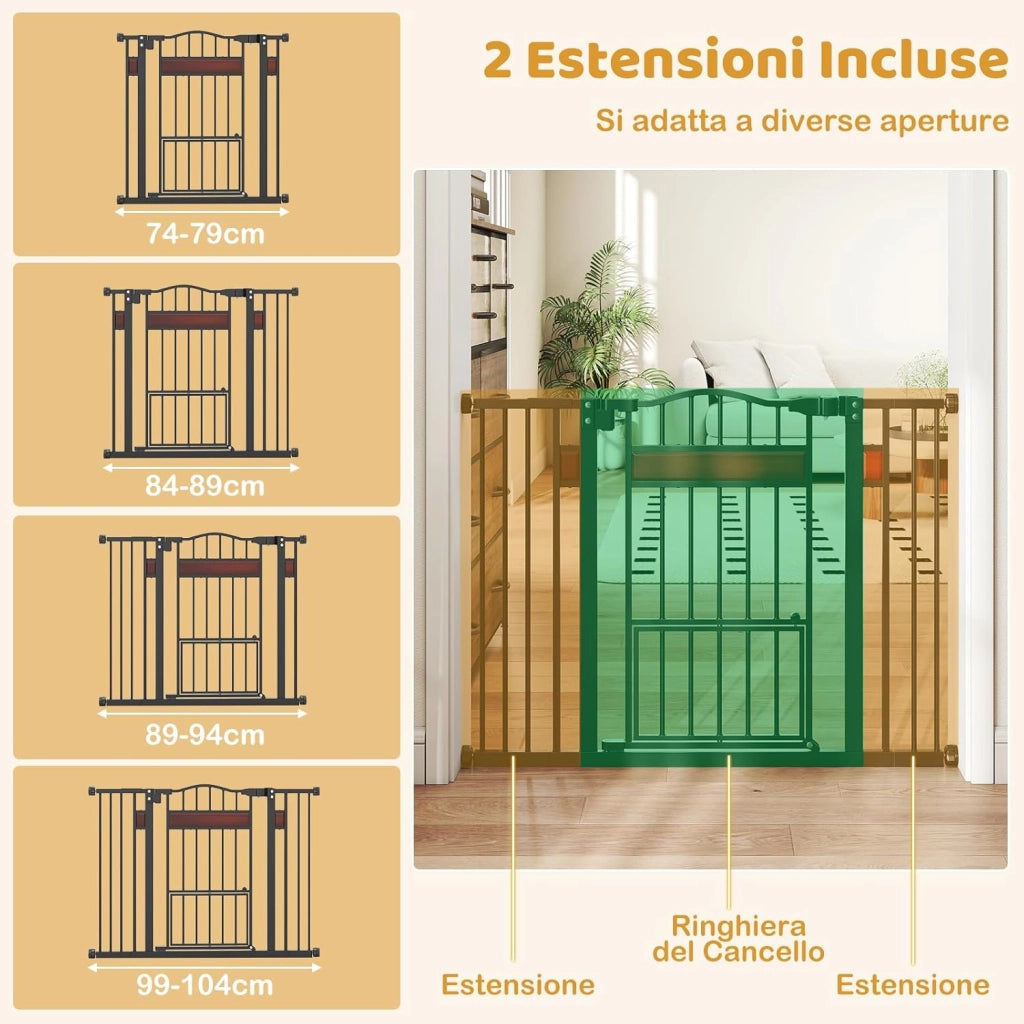 Cancelletto per Cani per Aperture 74-104 cm, Cancello per Cani con Porta Piccola, 2 Estensioni e Doppio Blocco, Cancelletto in Metallo da Interno per Cucina, Scale e Soggiorno (Nero)